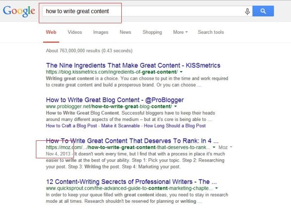 Google search results for how to write great content