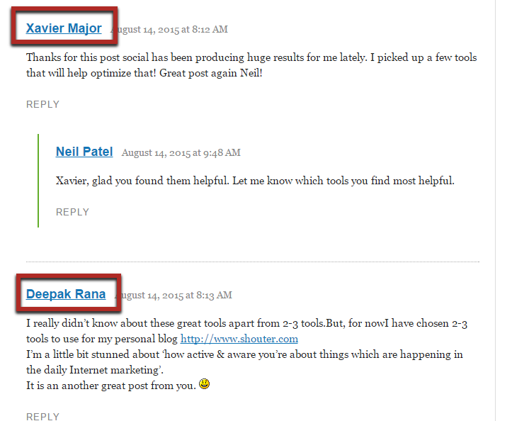 Example of comments from a blog post highlighting the contributor's name and link.