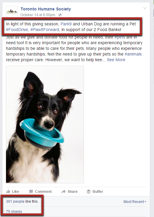 Example of a post by Toronto Humane Society