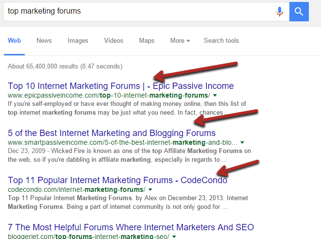 Google search results for top marketing forums example.