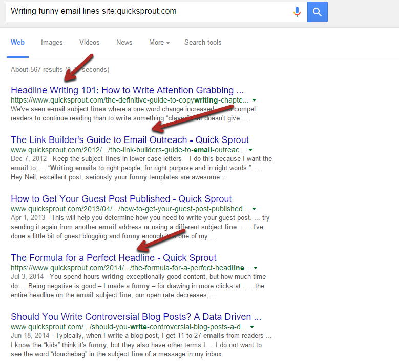 Google search results for writing funny email lines site:quicksprout.com