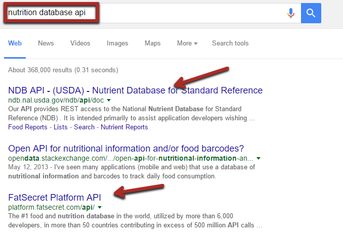 Search results page for "nutrition database api."