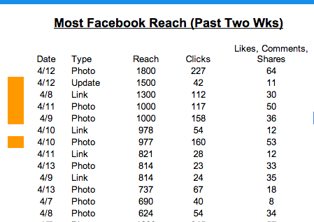 Example data of Most Facebook Reach (Past Two wks)