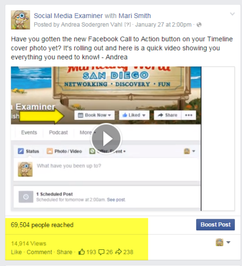 Example of a video post on Facebook with highlighting of people reached, views, comments, likes, and shares.