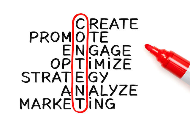 Create, Promote, Engage, Optimize, Strategy, Analyze, and Marketing words with a red circle around letters to create the word Content. 