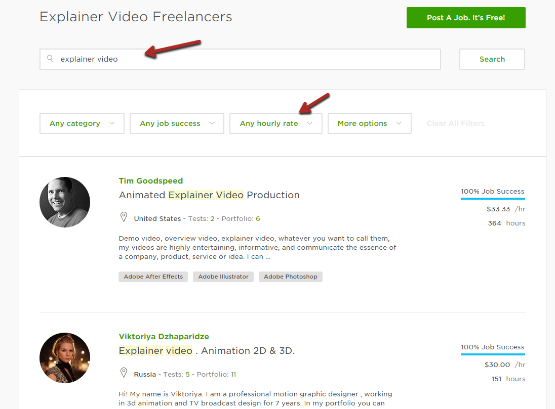 Explainer video freelancers search results.