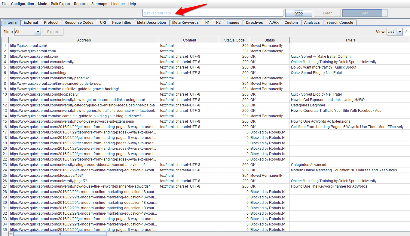 Example of spreadsheet listing all content from a website.
