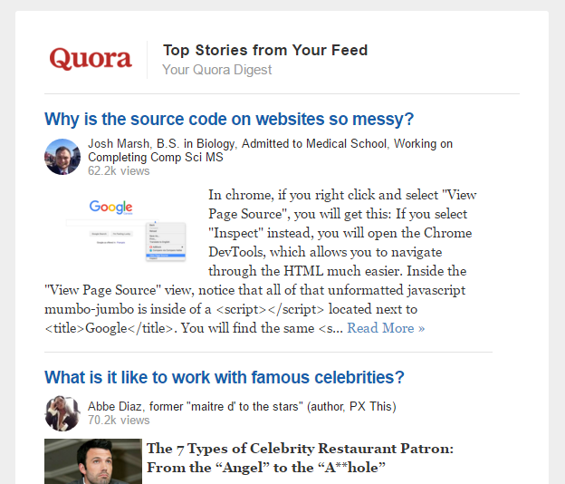 Quora Top stories from your feed example