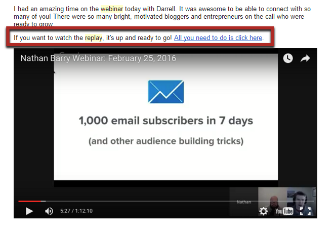 Email with YouTube link to subscribers example.