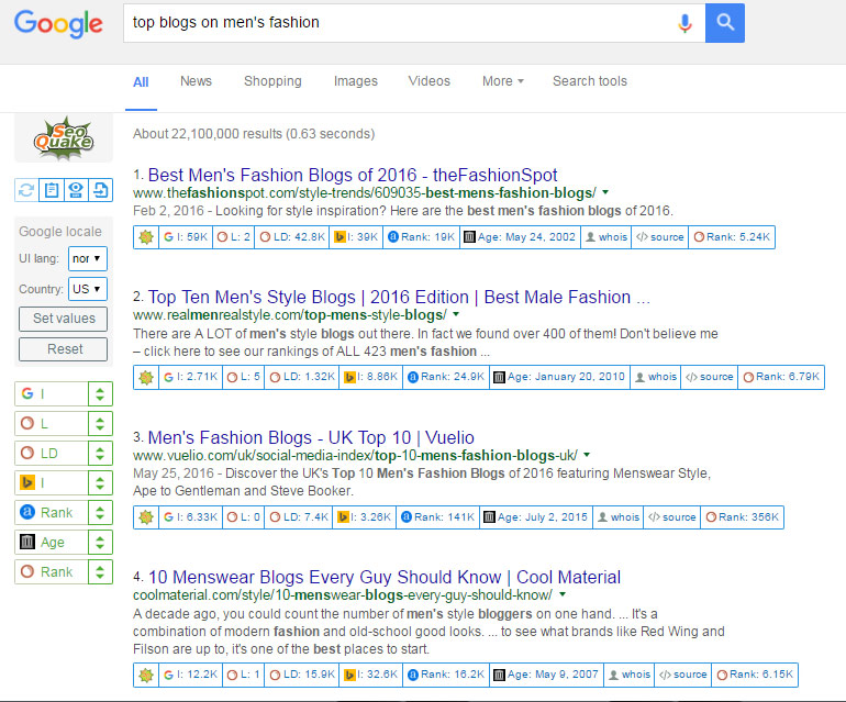 Example of Google search results on top blogs on men's fashion