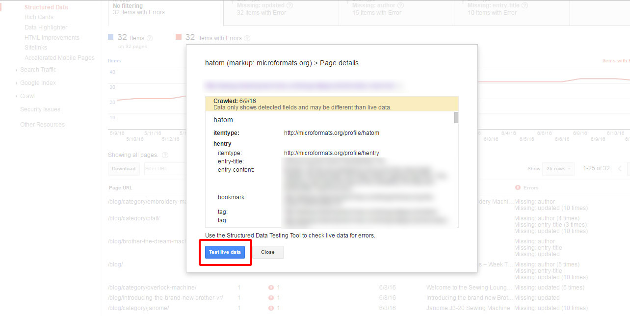 Screenshot of structured data in Google Analytics.