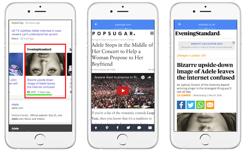 AMP delivered by Google examples on smartphones.