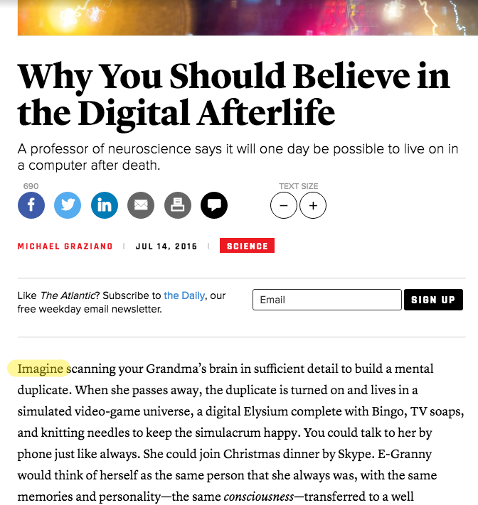 Why You Should Believe in the Digital Afterlife by Michael Graziano use of the word "imagine" in introduction to article example.