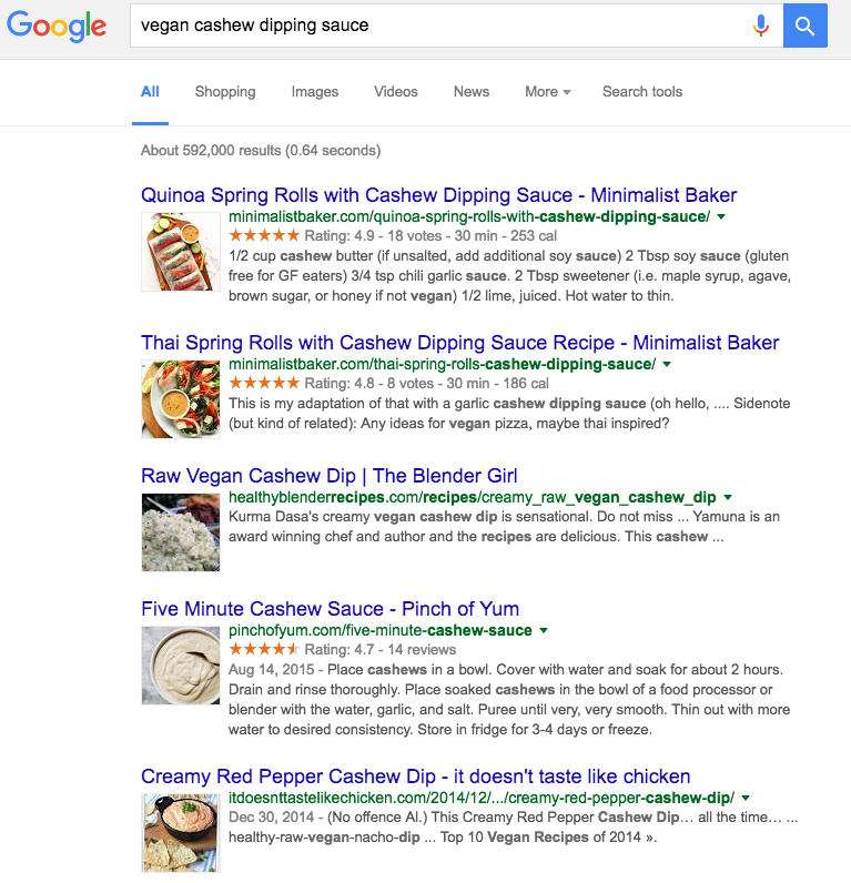 Google search results for vegan cashew dipping sauce.
