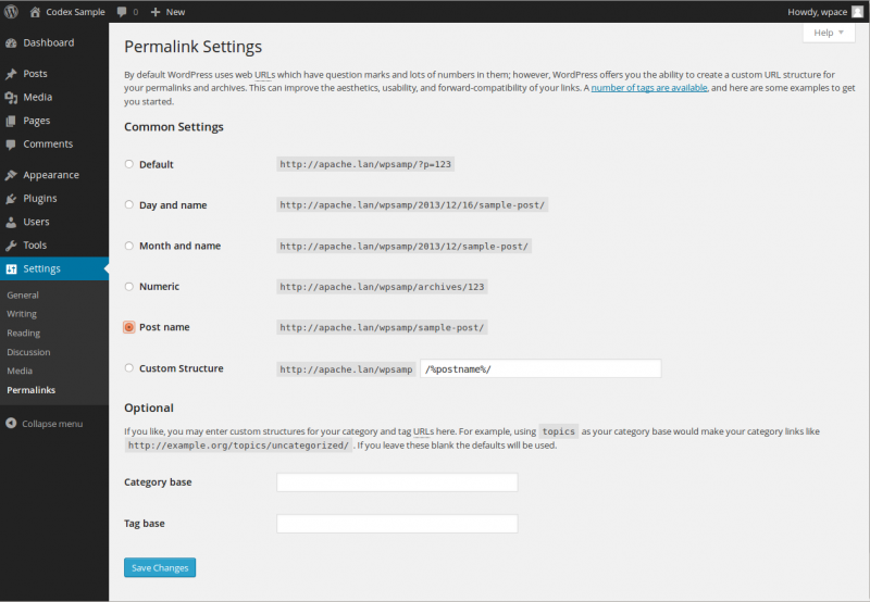 WordPress permalink settings page.