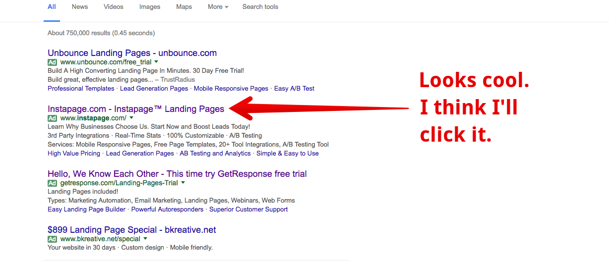 Instapage search results - highlighting Instapage landing page.