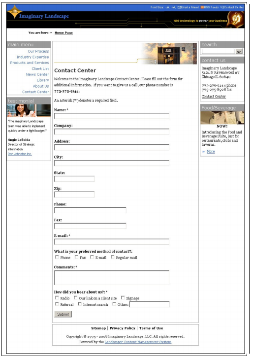 Screenshot Imaginary Landscape contact form.