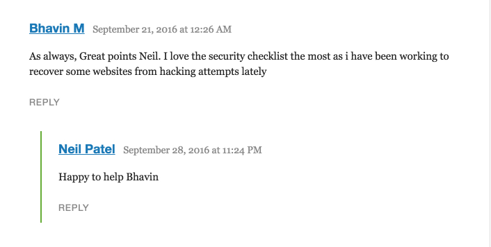 Example of a comment on social media with a response from the profile owner.