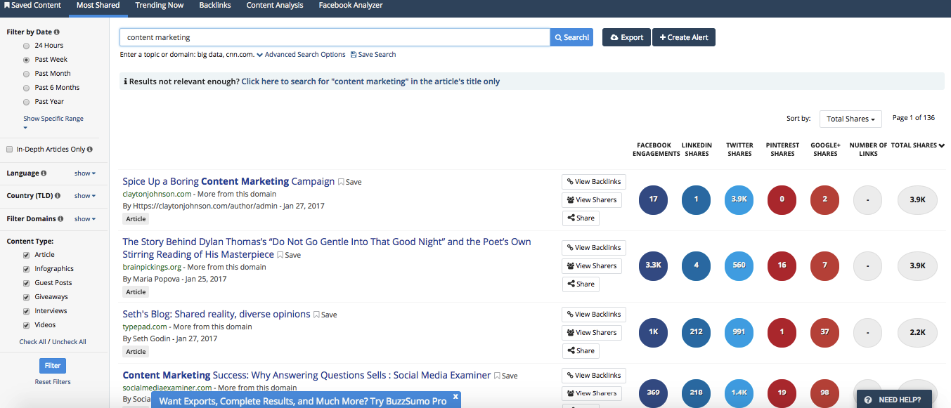 BuzzSumo marketing tool example