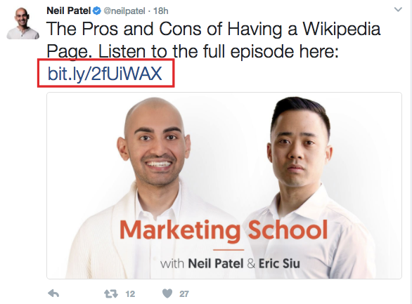 Bitly Neil Patel social media marketing tool example