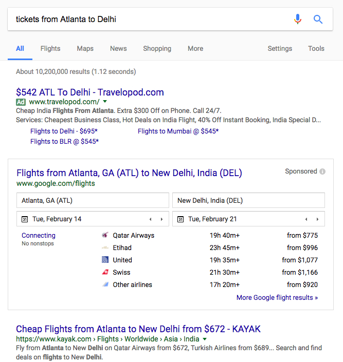 Google search results for tickets from Atlanta to Delhi.