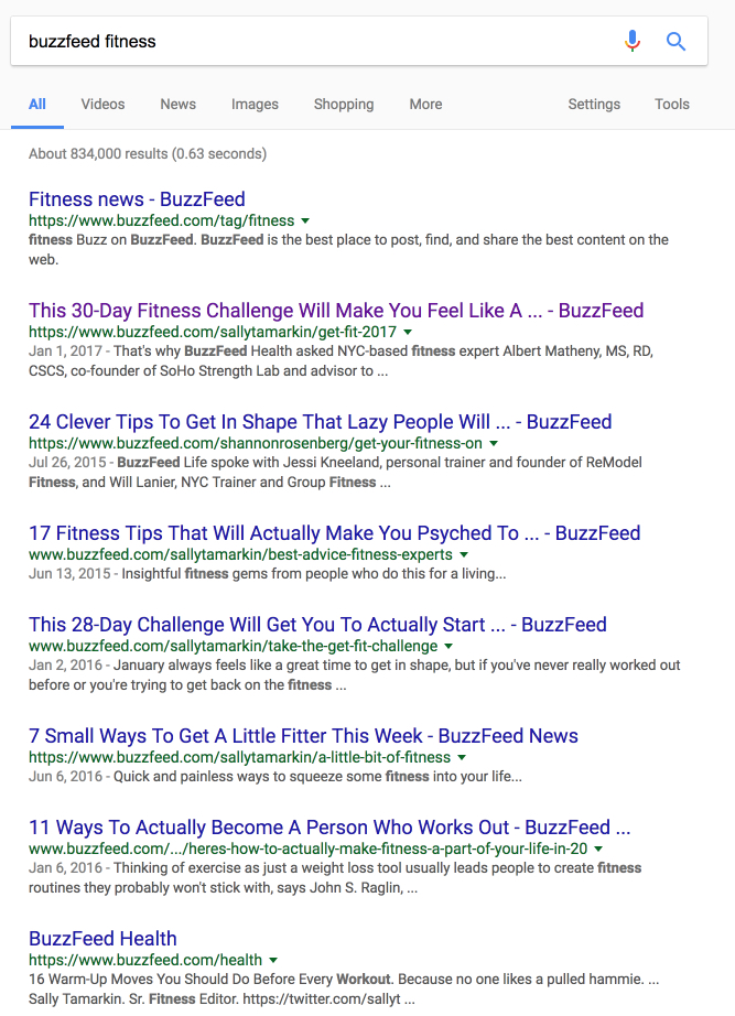 Buzzfeed fitness search results.