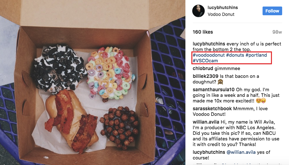 Example of hashtags used on an Instagram post from Voodoo Donut