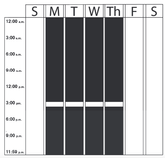 Post on Mondays through Thursday except between 3pm and 4pm schedule image.