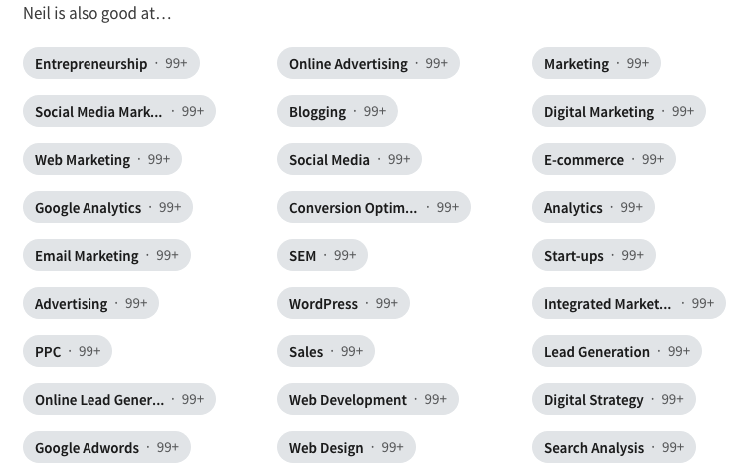 Screenshot of test case study - user's range of skills in LinkedIn.