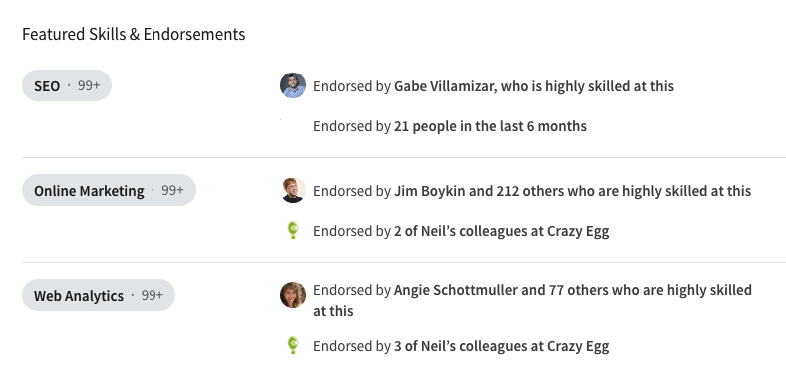 Screenshot of case study - LinkedIn user's featured skills and endorsements screen. 