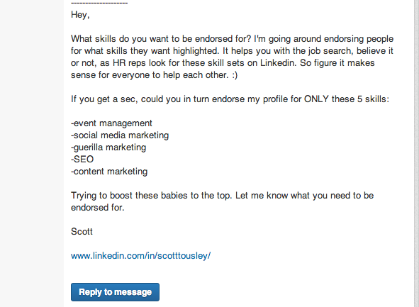 Example of LinkedIn message to use as a template when seeking endorsements. 