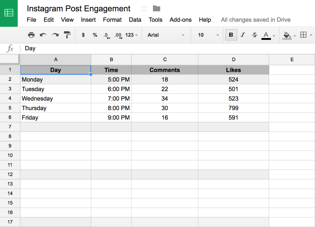 Data of Instagram Post Engagement on a spreadsheet