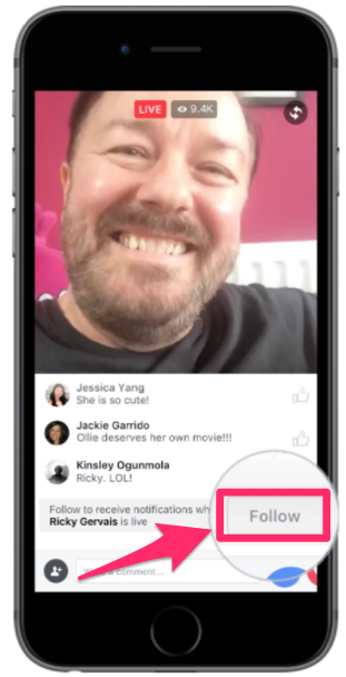 Example of Facebook Live with follow button
