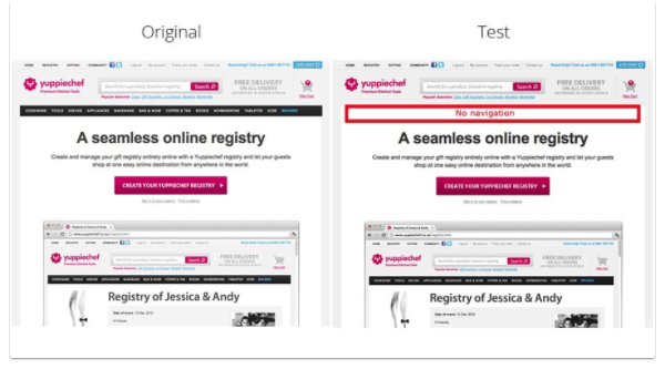 a/b testing for navigation bar or no navigation bar example.