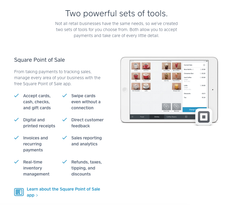Square point of sales features