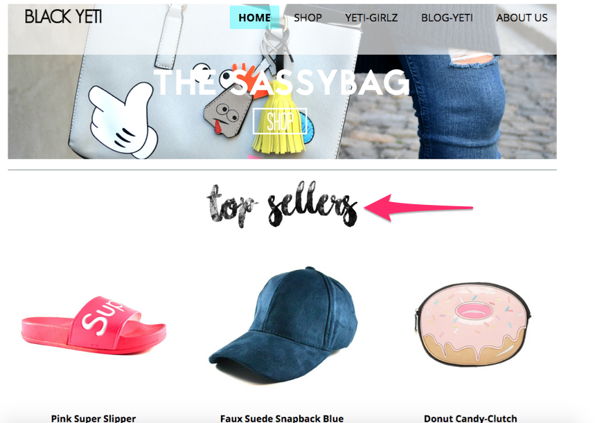 Black Yeti showcasing their top selling items on their homepage.