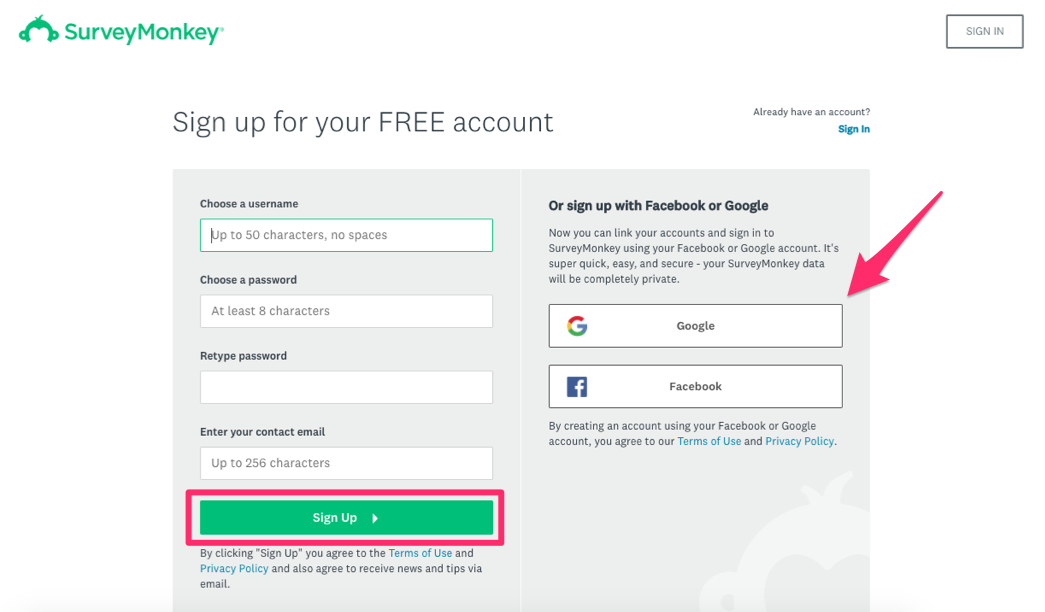 SurveyMonkey sign up for your free account offer.