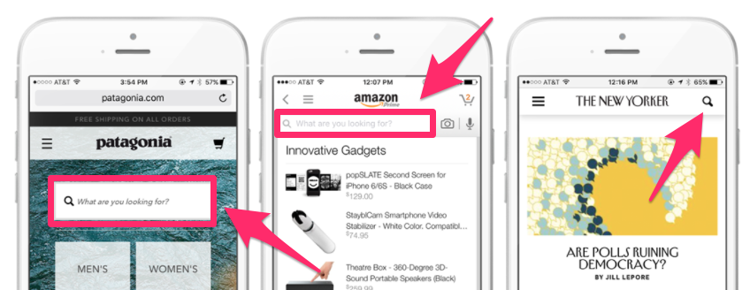 Image of three smartphones in a row, with Patagonia, Amazon and The New Yorker websites, highlighting the search function for mobile users. 