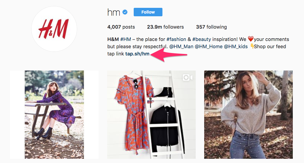 Example of adding a link to bio where the follower will be re-directed directly to the product page.