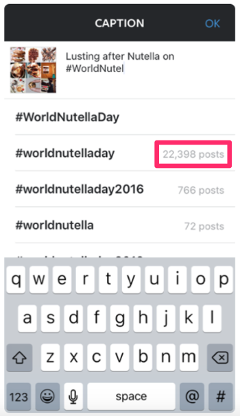 Example of IG showing suggestions for hashtags with number of post data.