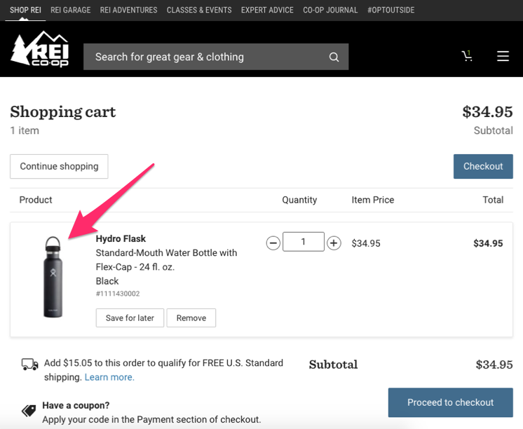 REI shopping cart checkout with image of purchase product.