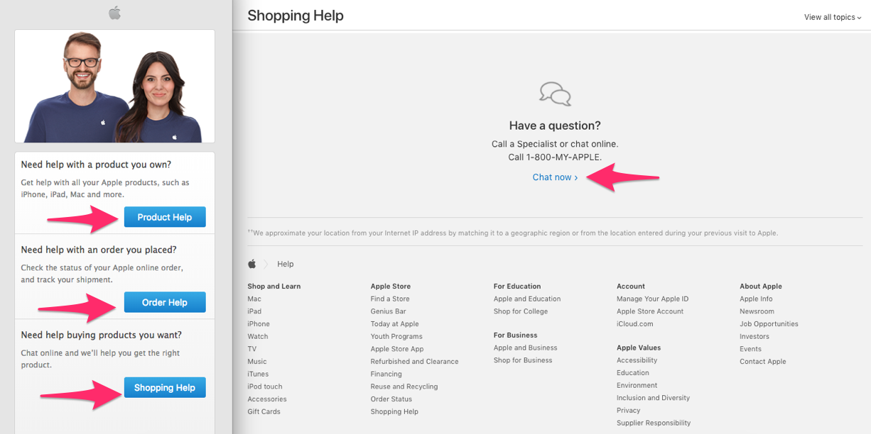 Apple live chat support and help with product features example.