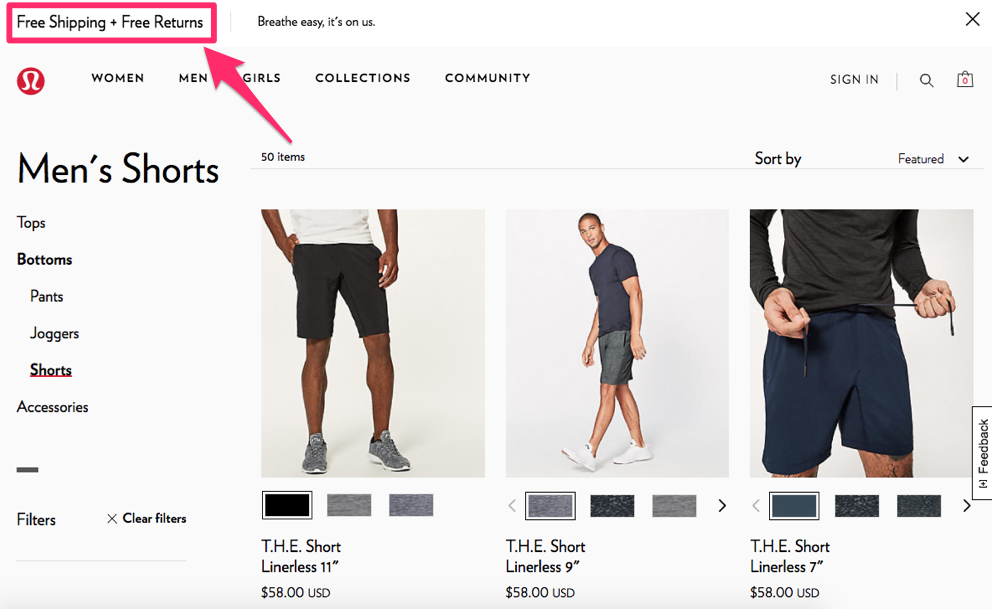 Lululemon product page with free shipping and free returns.