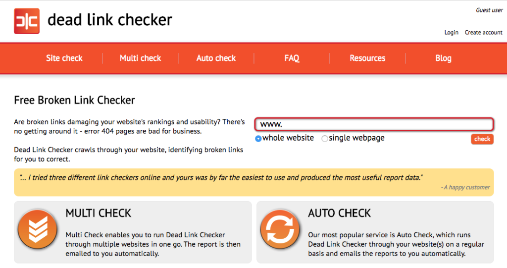 Dead Link Checker tool homepage.