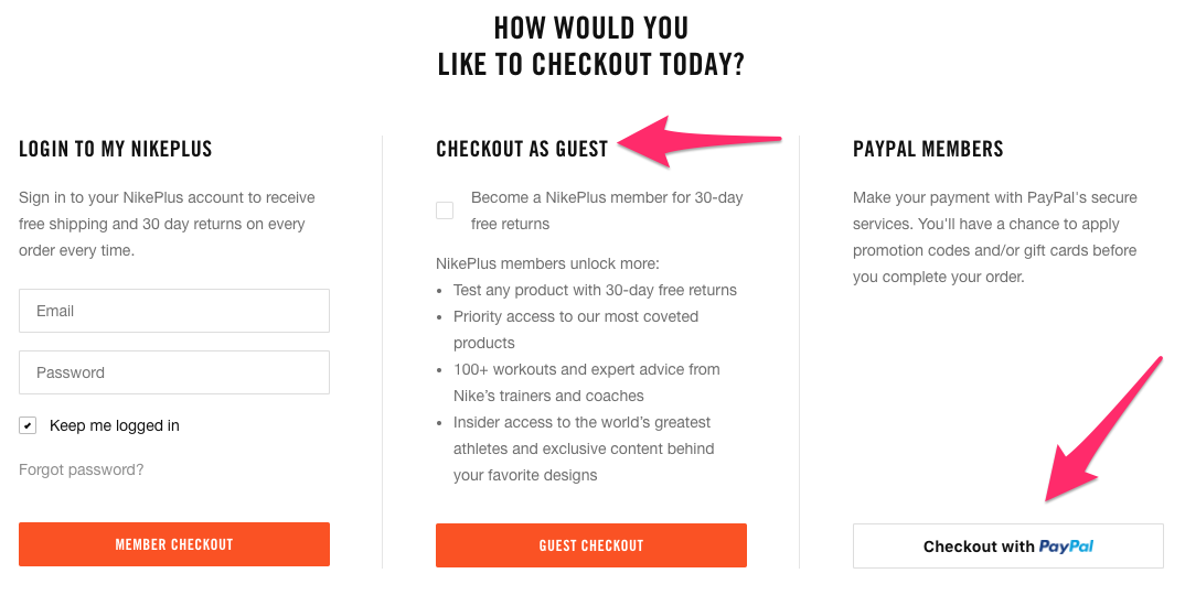 Example of a checkout page with multiple options.