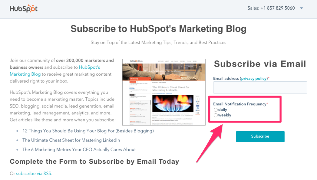 Email subscription from HubSpot with option on frequency of email notifications.
