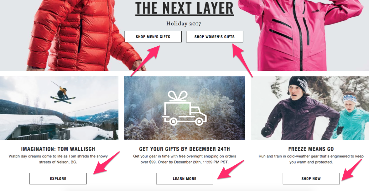 The North Face website arrows pointing to clear CTA box examples.
