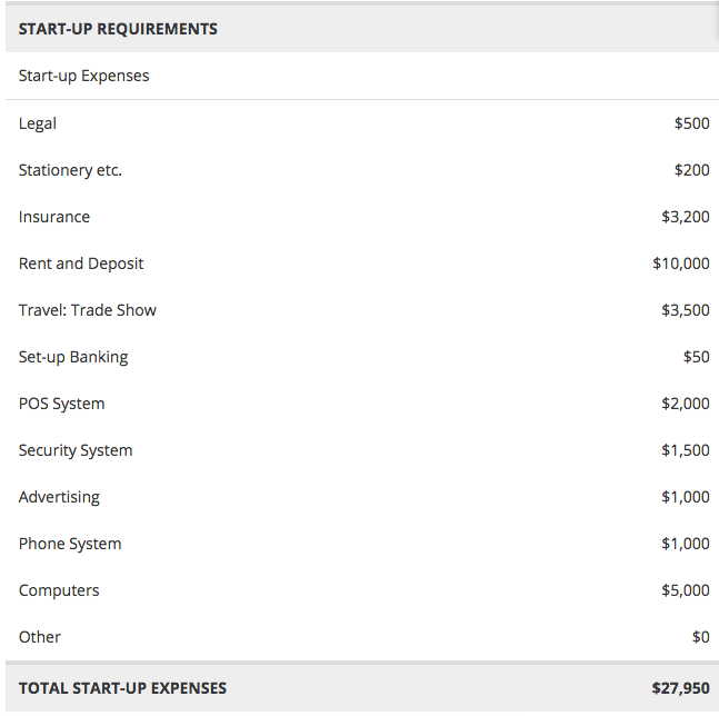 Startup budget example