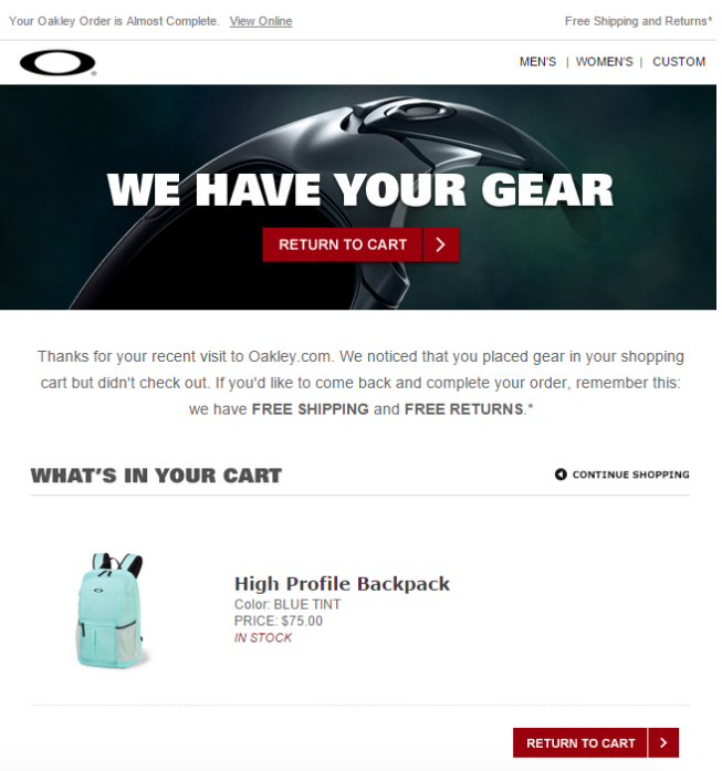 Oakley shopping cart abandonment reminder email example.