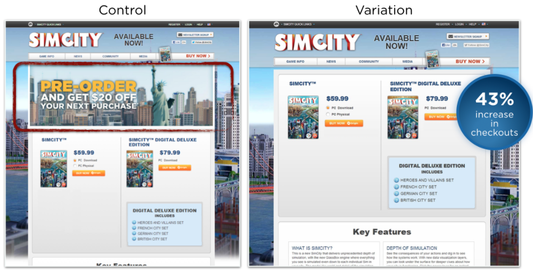 Comparison images of Sim City game homepage, the more successful version.